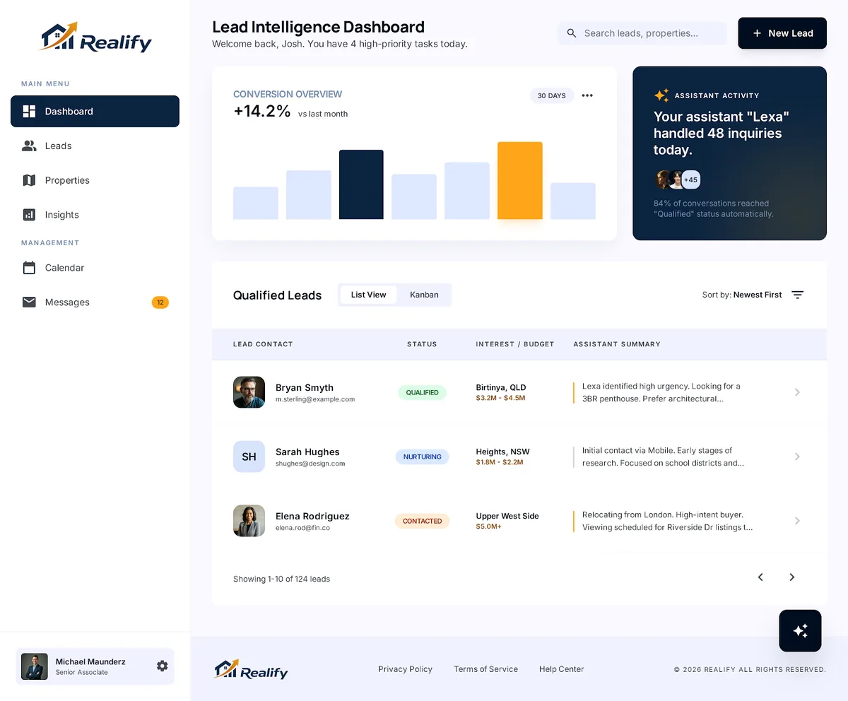 Realify AI dashboard showing conversations and calendar